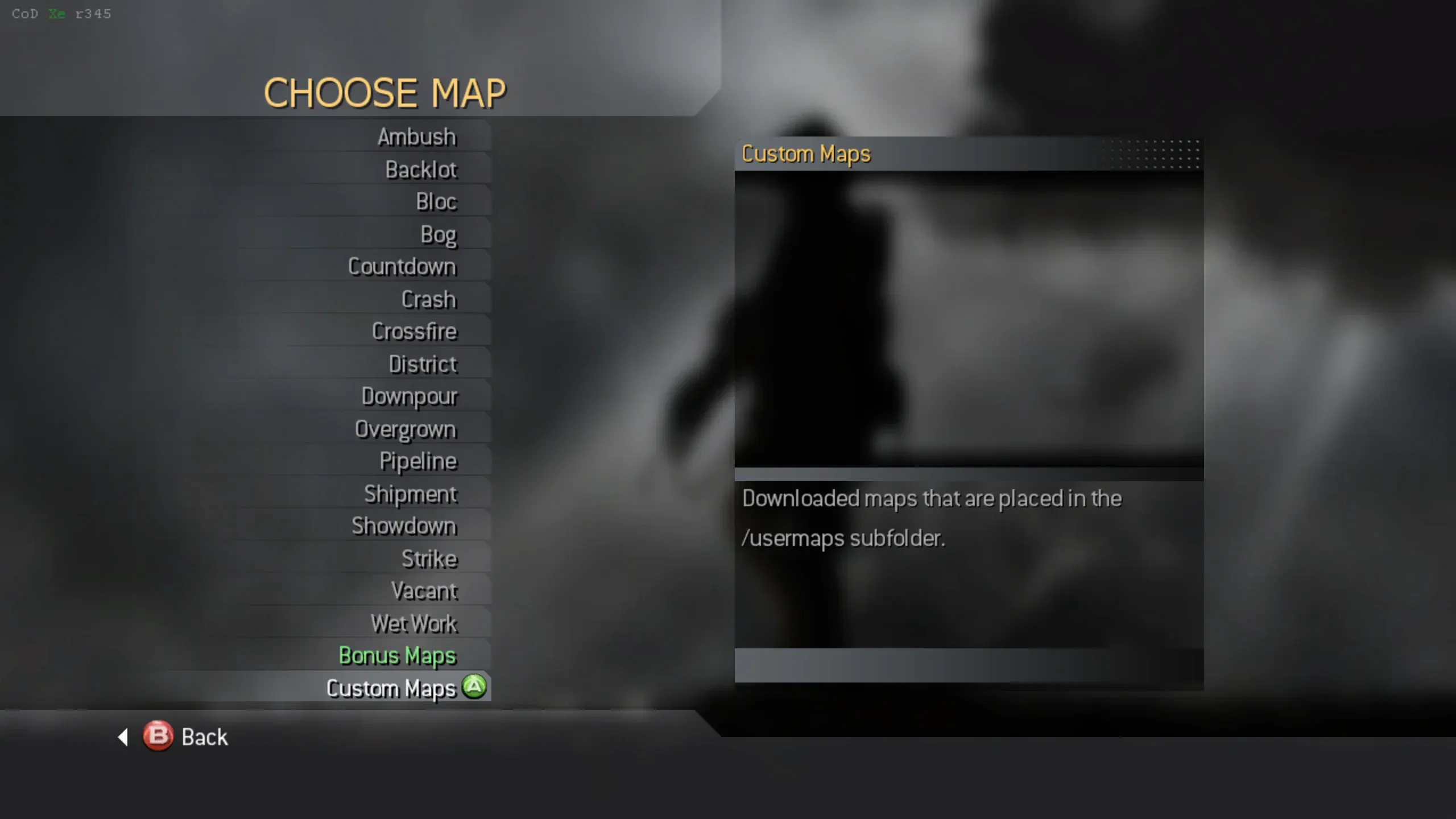 Choose Map menu with Custom Maps selected
